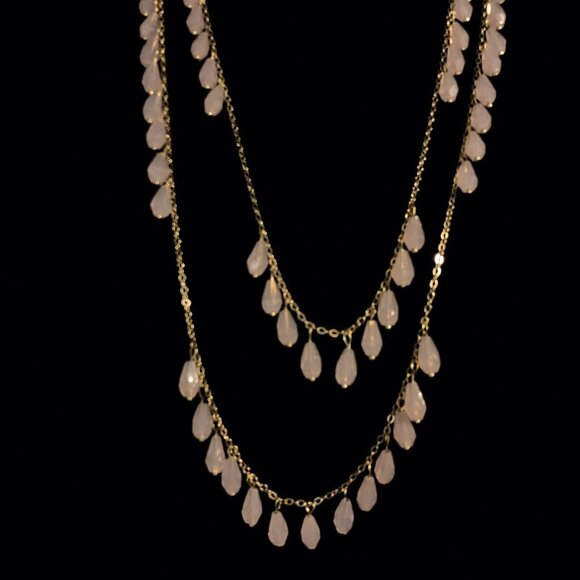 Avon Necklace Pink Long Faceted‎ Teardrop Beaded Dangle 2 Strands - Picture 2 of 4